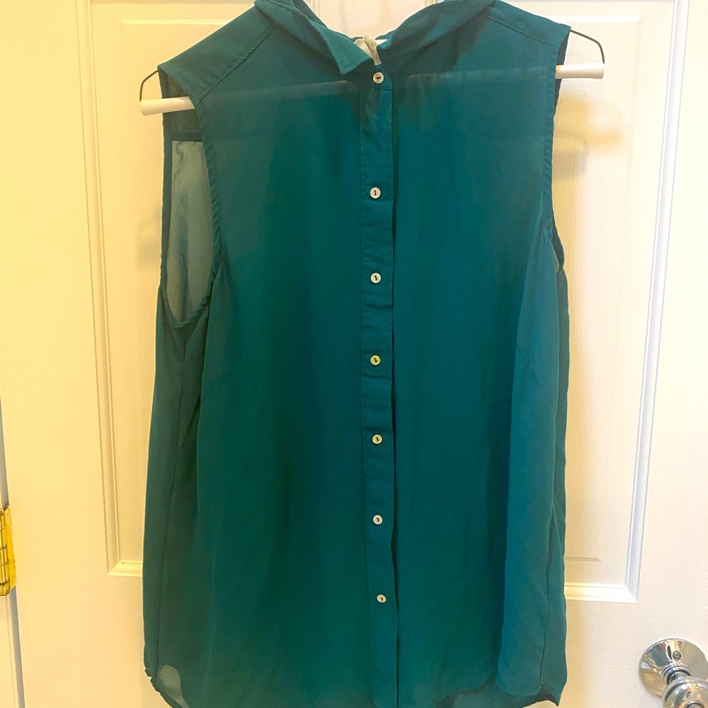 H&M, sheer teal button up sleeveless blouse, sz 12